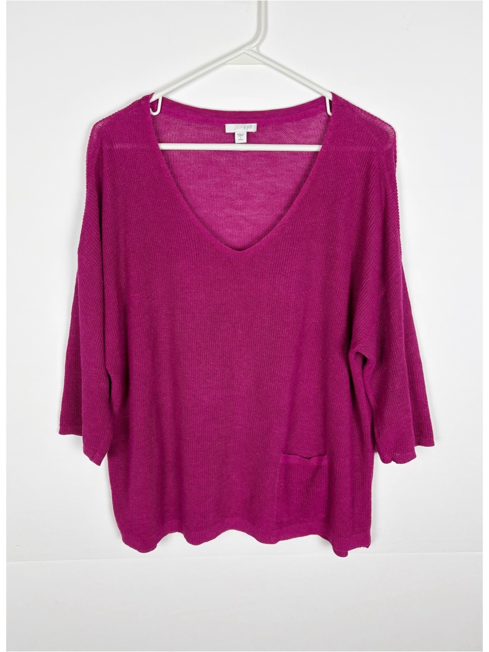 J. JILL Magenta Linen Blend V-Neck Sweater Slouchy Boho Knit Top Pocket L Petite
